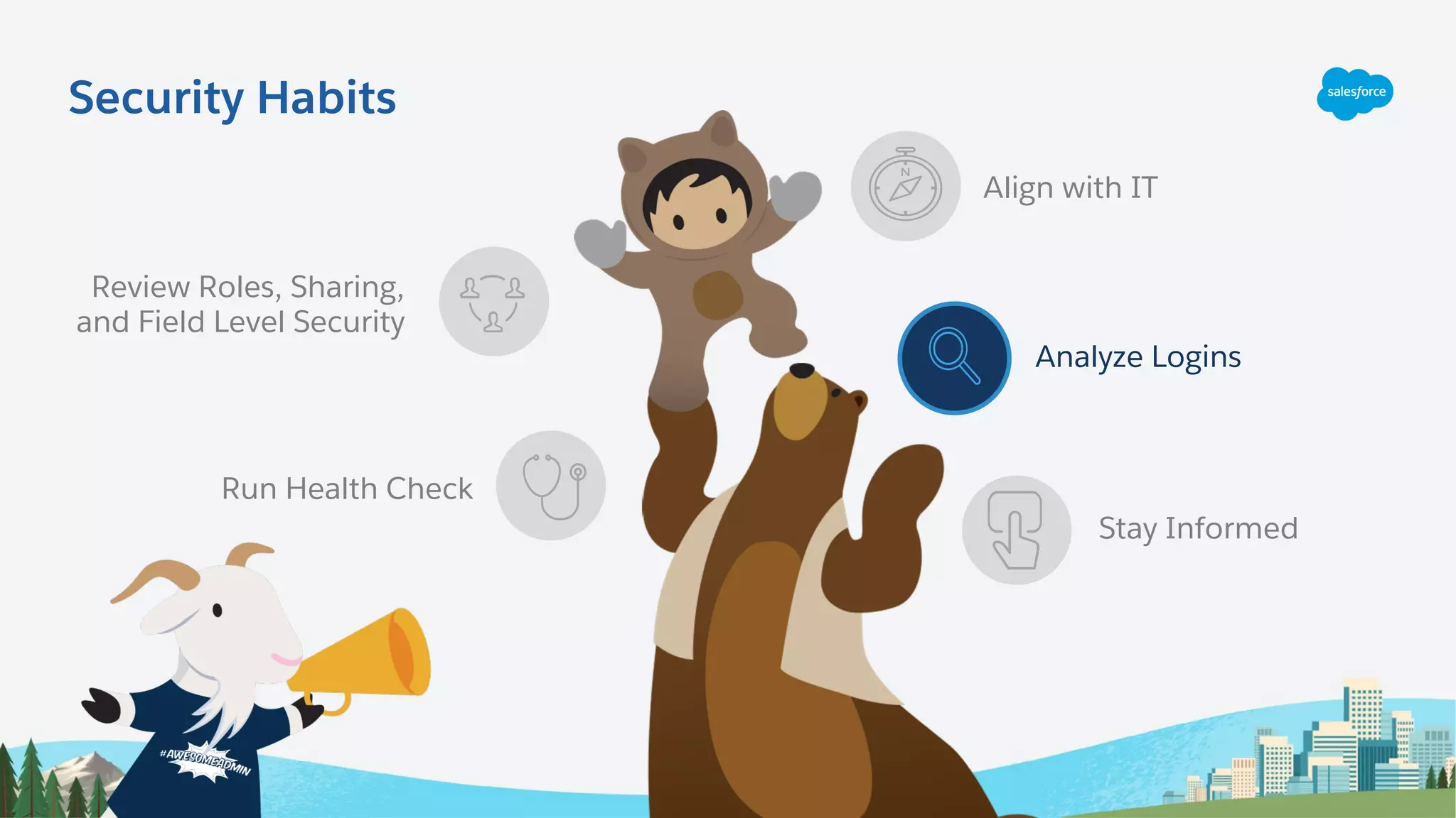 Review Roles, Sharing,
and Field Level Security
Run Health Check
Align with IT
Analyze Logins
Stay Informed
Security Habits
 