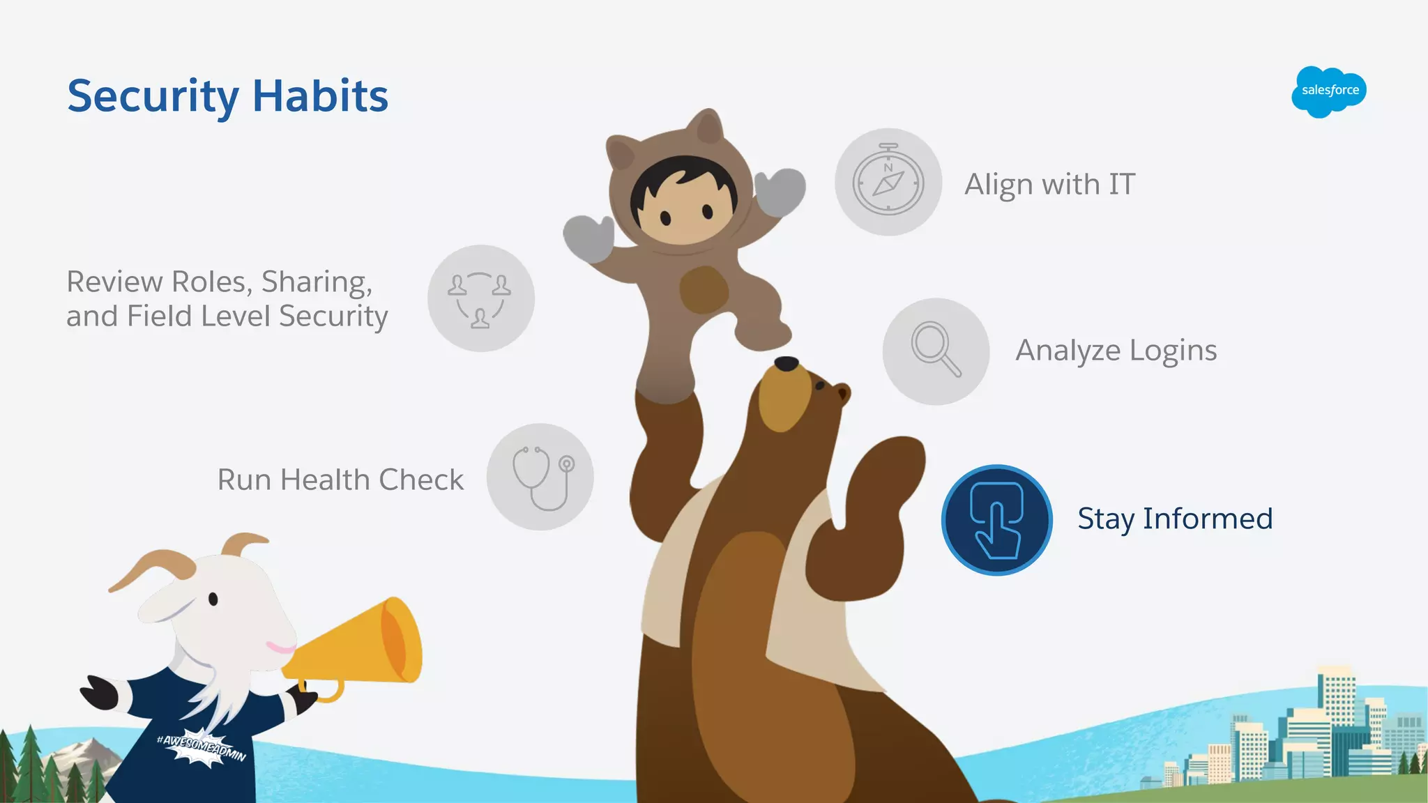 Review Roles, Sharing,
and Field Level Security
Run Health Check
Align with IT
Analyze Logins
Stay Informed
Security Habits
 