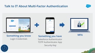 Talk to IT About Multi-Factor Authentication
Something you know
Login Credentials
Something you have
Salesforce Authenticator
TOTP Authenticator App
Security Key
MFA
 
