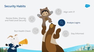 Review Roles, Sharing,
and Field Level Security
Run Health Check
Align with IT
Analyze Logins
Stay Informed
Security Habits
 