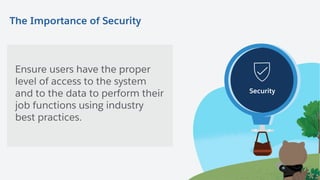 Data
Management
Security Actionable
Analytics
Master Core Admin ResponsibilitiesThe Importance of Security
Ensure users have the proper
level of access to the system
and to the data to perform their
job functions using industry
best practices.
Security
 