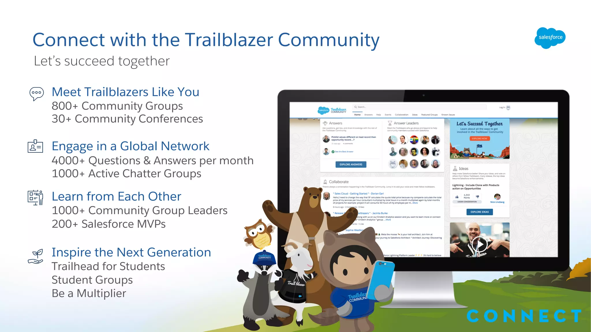 Meet Trailblazers Like You
800+ Community Groups
30+ Community Conferences
Engage in a Global Network
4000+ Questions & Answers per month
1000+ Active Chatter Groups
Learn from Each Other
1000+ Community Group Leaders
200+ Salesforce MVPs
Inspire the Next Generation
Trailhead for Students
Student Groups
Be a Multiplier
C o n n e c t
Connect with the Trailblazer Community
Let’s succeed together
 