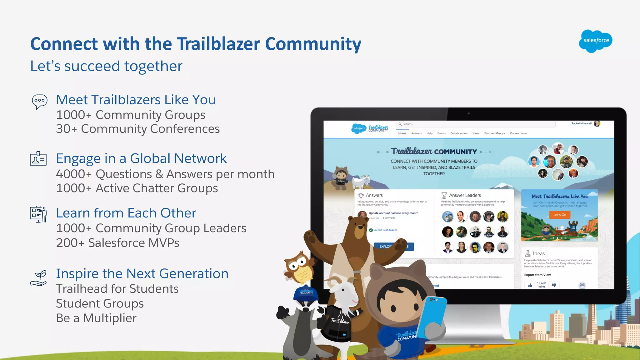 Meet Trailblazers Like You
1000+ Community Groups
30+ Community Conferences
Engage in a Global Network
4000+ Questions & Answers per month
1000+ Active Chatter Groups
Learn from Each Other
1000+ Community Group Leaders
200+ Salesforce MVPs
Inspire the Next Generation
Trailhead for Students
Student Groups
Be a Multiplier
Connect with the Trailblazer Community
Let’s succeed together
 