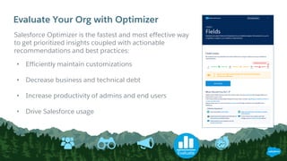 Evaluate
Salesforce Optimizer is the fastest and most effective way
to get prioritized insights coupled with actionable
recommendations and best practices:
• Efficiently maintain customizations
• Decrease business and technical debt
• Increase productivity of admins and end users
• Drive Salesforce usage
Evaluate Your Org with Optimizer
 