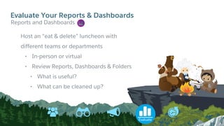 Evaluate
Host an “eat & delete” luncheon with
different teams or departments
• In-person or virtual
• Review Reports, Dashboards & Folders
• What is useful?
• What can be cleaned up?
​Reports and Dashboards
Evaluate Your Reports & Dashboards
 
