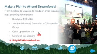 Refresh
From theaters, to sessions, to hands-on areas Dreamforce
has something for everyone
• Build your ROI letter
• Join the Admins @ Dreamforce Collaboration
Group
• Catch up sessions via
• Or find all our sessions
→ bit.ly/DF16AdminSessions
Make a Plan to Attend Dreamforce!
 
