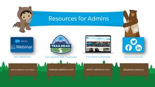 admin.salesforce.comtrailhead.salesforce.comadmin.salesforce.com/events @SalesforceAdmns
Resources for Admins
​Visit Admin Website​Join Webinars ​Get started with Trailhead ​Stay Connected
 