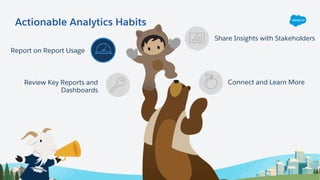 Actionable Analytics Habits
Share Insights with Stakeholders
Review Key Reports and
Dashboards
Report on Report Usage
Connect and Learn More
 