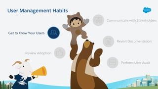 Review Adoption
Communicate with Stakeholders
Revisit Documentation
Perform User Audit
Get to Know Your Users
User Management Habits
 