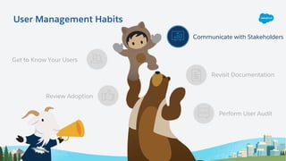 Get to Know Your Users
Review Adoption
Revisit Documentation
Perform User Audit
Communicate with Stakeholders
User Management Habits
 