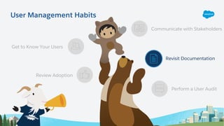 Get to Know Your Users
Review Adoption
Communicate with Stakeholders
Perform a User Audit
Revisit Documentation
User Management Habits
 