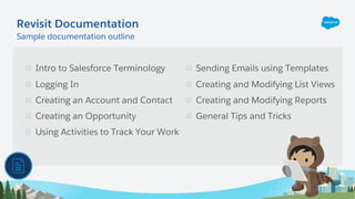 Intro to Salesforce Terminology
Logging In
Creating an Account and Contact
Creating an Opportunity
Using Activities to Track Your Work
Sending Emails using Templates
Creating and Modifying List Views
Creating and Modifying Reports
General Tips and Tricks
Revisit Documentation
Sample documentation outline
 