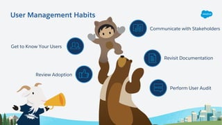 Get to Know Your Users
Review Adoption
Communicate with Stakeholders
Revisit Documentation
Perform User Audit
User Management Habits
 