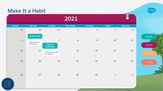 Sunday Monday Tuesday Wednesday Thursday Friday Saturday
29 30 31 1 2 3 4
5 6 7 8 9 10 11
12 13 14 15 16 17 18
19 20 21 22 23 24 25
26 27 28 29 30 1 2
2021
Export Data
Download the
ZIP backup. Review
Duplicates
Check what people
are creating.
Weekly
Monthly
Quarterly
Annually
Make It a Habit
 