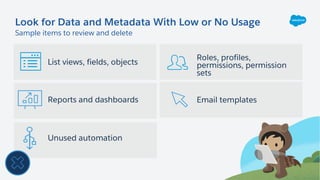 Roles, profiles,
permissions, permission
sets
Email templates
List views, fields, objects
Reports and dashboards
Look for Data and Metadata With Low or No Usage
Unused automation
Sample items to review and delete
 
