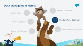 Create a Data Dictionary
Data Management Habits
Export Data
Review Duplicates
Delete with Donuts
Refresh Sandboxes
Run Salesforce Optimizer
 