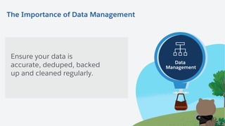 Data
Management
Security Actionable
Analytics
Master Core Admin ResponsibilitiesThe Importance of Data Management
Ensure your data is
accurate, deduped, backed
up and cleaned regularly.
Data
Management
 