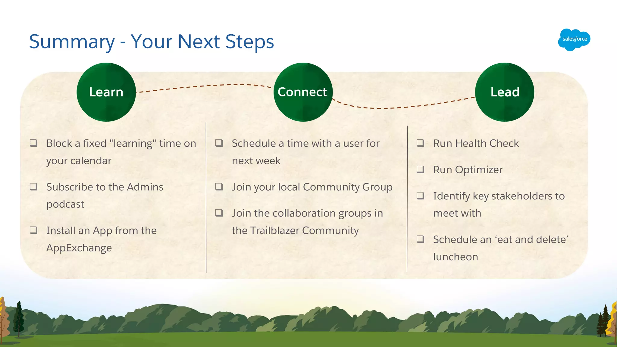 Summary - Your Next Steps
Learn LeadConnect
q Run Health Check
q Run Optimizer
q Identify key stakeholders to
meet with
q Schedule an ‘eat and delete’
luncheon
q Schedule a time with a user for
next week
q Join your local Community Group
q Join the collaboration groups in
the Trailblazer Community
q Block a fixed "learning" time on
your calendar
q Subscribe to the Admins
podcast
q Install an App from the
AppExchange
 