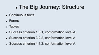  The Big Journey: Structure
 Continuous texts
 Forms
 Tables
 Success criterion 1.3.1, conformation level A
 Success criterion 3.2.2, conformation level A
 Success criterion 4.1.2, conformation level A
 