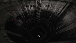 Forms: Failures
 Available descriptions of the form controls, but no LABEL elements
 LABEL elements without association to the form controls
 Example 1 Correct HTML, but inaccessible, because assistive technologies can not detect any connection between the form control and its text:
<label>Full name:
<input type="text" name="fullname"></label>
 Example 2 dito:
<input type="radio" name="subscribe" value="Weekly">
<label>Weekly subscription</label>
 