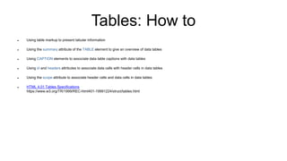 Tables: How to
 Using table markup to present tabular information
 Using the summary attribute of the TABLE element to give an overview of data tables
 Using CAPTION elements to associate data table captions with data tables
 Using id and headers attributes to associate data cells with header cells in data tables
 Using the scope attribute to associate header cells and data cells in data tables
 HTML 4.01 Tables Specifications
https://www.w3.org/TR/1999/REC-html401-19991224/struct/tables.html
 