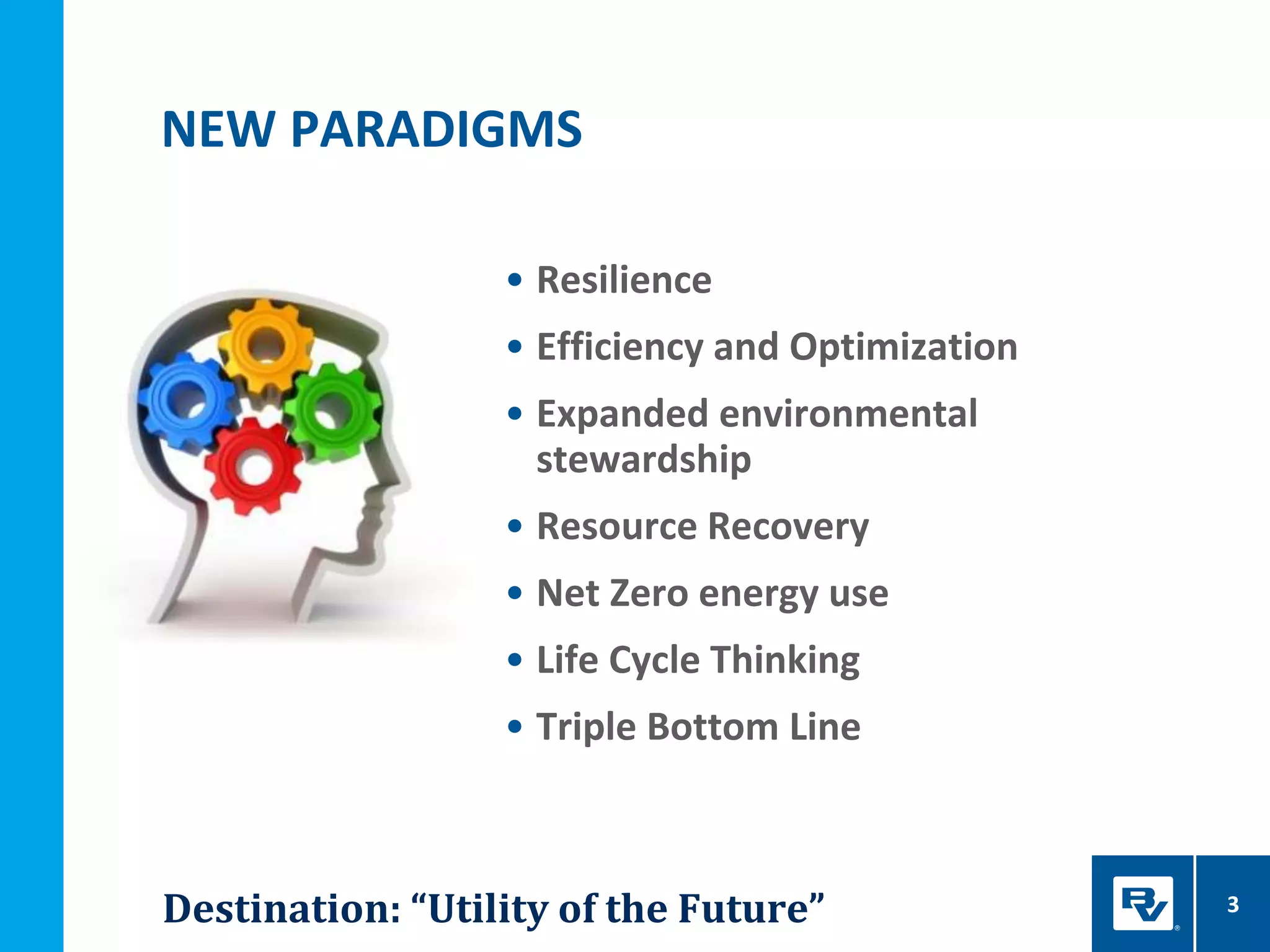 3
NEW PARADIGMS
• Resilience
• Efficiency and Optimization
• Expanded environmental
stewardship
• Resource Recovery
• Net Zero energy use
• Life Cycle Thinking
• Triple Bottom Line
Destination: “Utility of the Future”
 
