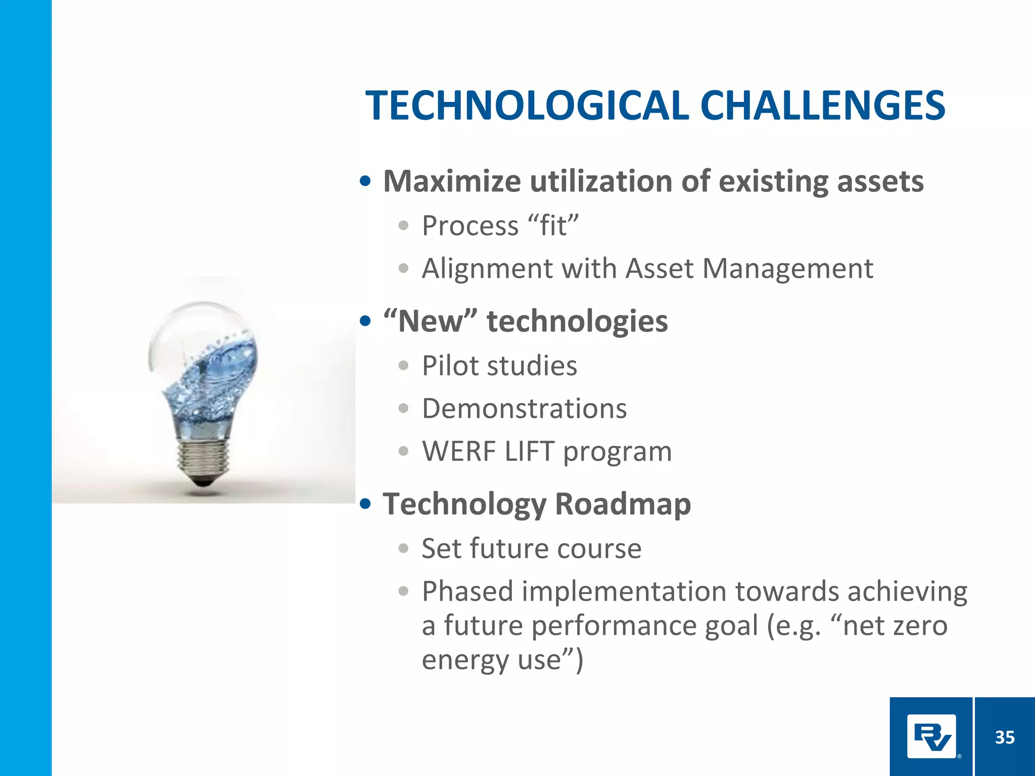 • Maximize utilization of existing assets
• Process “fit”
• Alignment with Asset Management
• “New” technologies
• Pilot studies
• Demonstrations
• WERF LIFT program
• Technology Roadmap
• Set future course
• Phased implementation towards achieving
a future performance goal (e.g. “net zero
energy use”)
TECHNOLOGICAL CHALLENGES
35
 