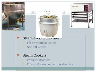 Steam Equipment
 Steam Jacketed Kettles
 Tilt or trunnion kettles
 Non-tilt kettles
 Steam Cookers
 Pressure steamers
 Pressureless or convection steamers
 