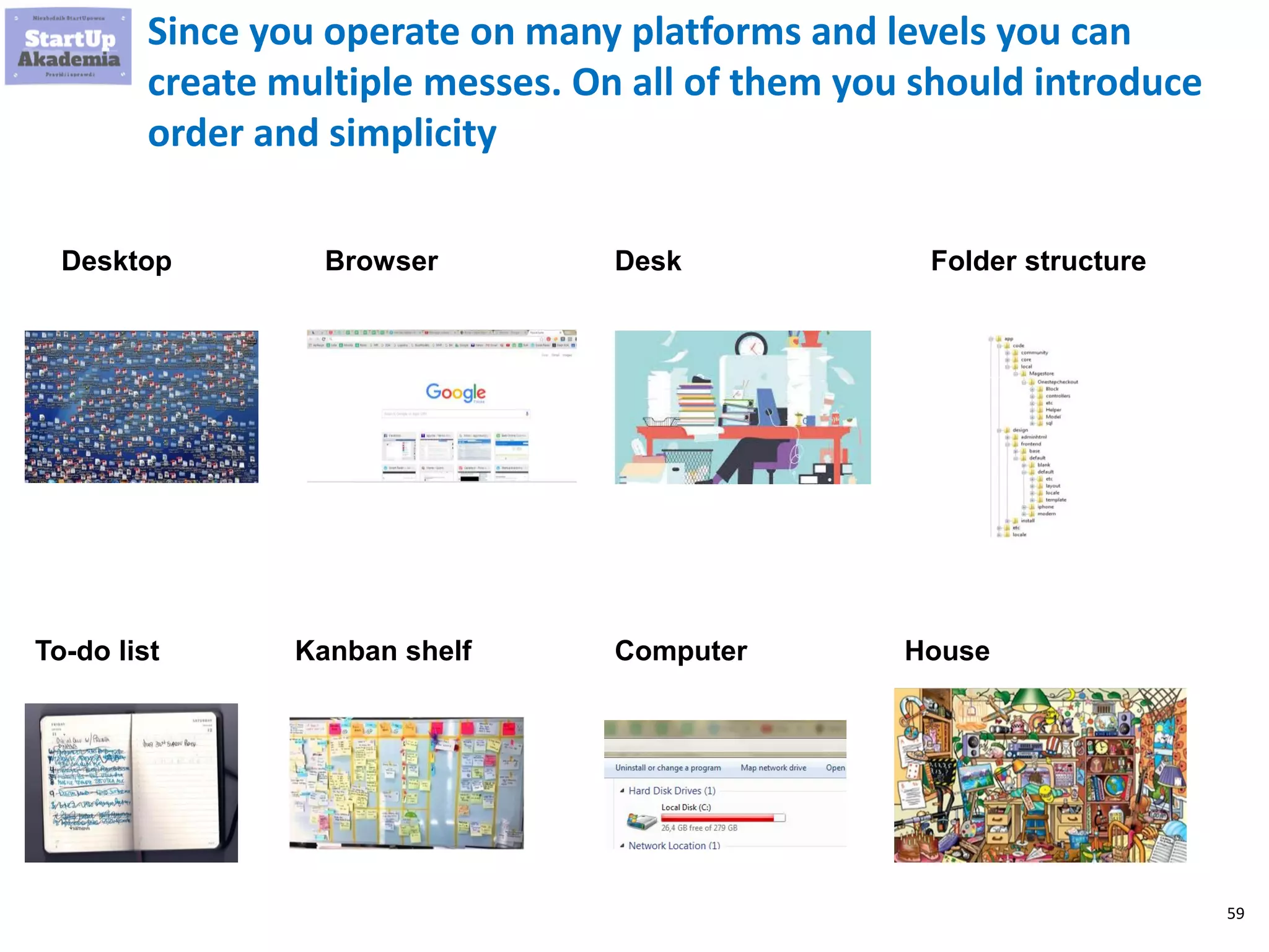 59
Since you operate on many platforms and levels you can
create multiple messes. On all of them you should introduce
order and simplicity
Desktop Browser Folder structure
To-do list Kanban shelf House
Desk
Computer
 