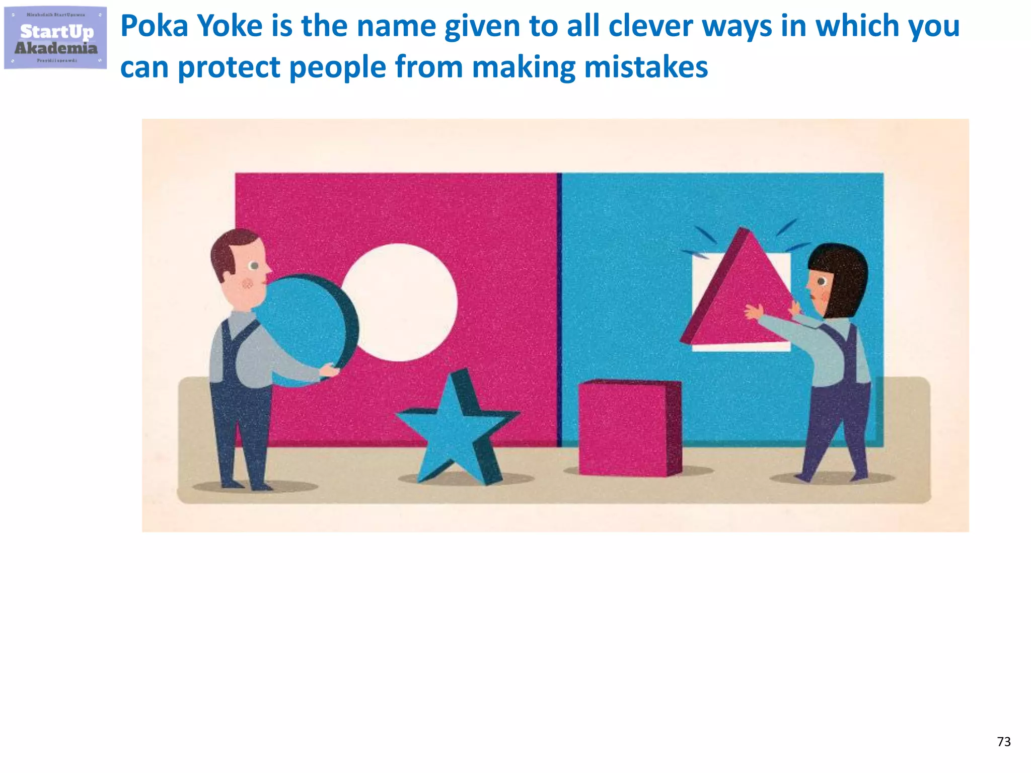 73
Poka Yoke is the name given to all clever ways in which you
can protect people from making mistakes
 