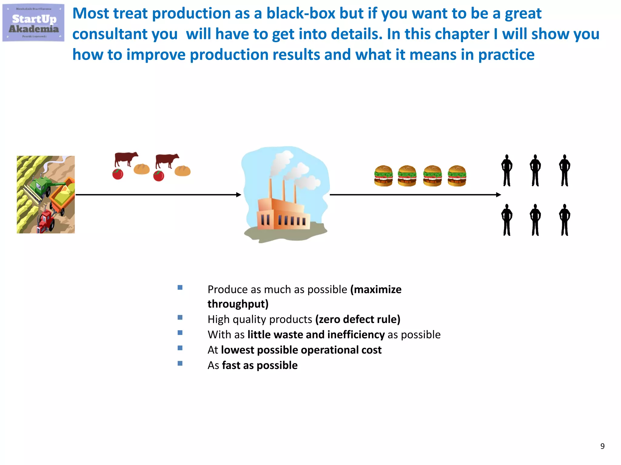 9
Most treat production as a black-box but if you want to be a great
consultant you will have to get into details. In this chapter I will show you
how to improve production results and what it means in practice
▪ Produce as much as possible (maximize
throughput)
▪ High quality products (zero defect rule)
▪ With as little waste and inefficiency as possible
▪ At lowest possible operational cost
▪ As fast as possible
 