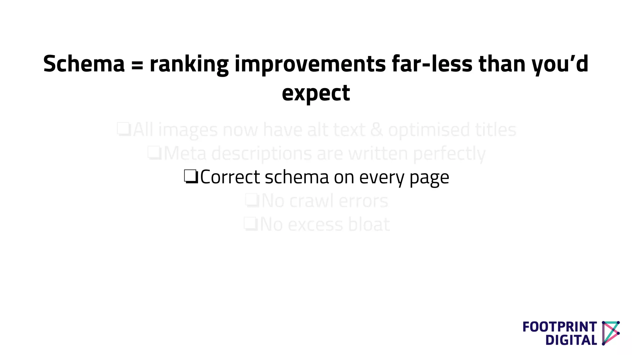 ❏All images now have alt text & optimised titles
❏Meta descriptions are written perfectly
❏Correct schema on every page
❏No crawl errors
❏No excess bloat
Schema = ranking improvements far-less than you’d
expect
 