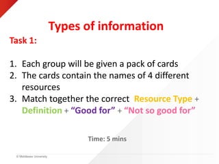 © Middlesex University
Types of information
Task 1:
1. Each group will be given a pack of cards
2. The cards contain the names of 4 different
resources
3. Match together the correct: Resource Type +
Definition + “Good for” + “Not so good for”
Time: 5 mins
 