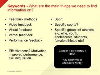© Middlesex University
Keywords - What are the main things we need to find
information on?
• Feedback methods
• Video feedback
• Visual feedback
• Verbal feedback
• Performance feedback
• Effectiveness? Motivation,
improved performance,
skill acquisition…
• Sport
• Specific sports?
• Specific groups of athletes
e.g. elite, youth,
adolescents, students,
female athletes etc?
Broaden it out / narrow it
down
Any synonyms or
alternative words?
 