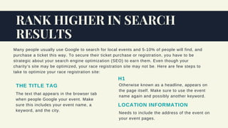 RANK HIGHER IN SEARCH
RESULTS
THE TITLE TAG
The text that appears in the browser tab
when people Google your event. Make
s...