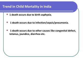Trend in Child Mortality in India
 1 death occurs due to birth asphyxia.
 1 death occurs due to infection/sepsis/pneumonia.
 1 death occurs due to other causes like congenital defect,
tetanus, jaundice, diarrhea etc.
 