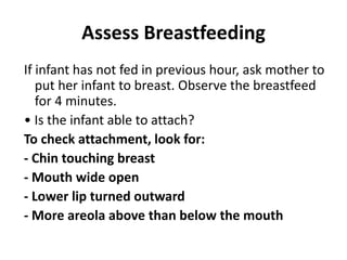 Assess Breastfeeding
If infant has not fed in previous hour, ask mother to
put her infant to breast. Observe the breastfeed
for 4 minutes.
• Is the infant able to attach?
To check attachment, look for:
- Chin touching breast
- Mouth wide open
- Lower lip turned outward
- More areola above than below the mouth
 