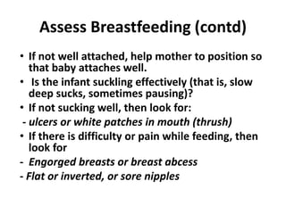 Assess Breastfeeding (contd)
• If not well attached, help mother to position so
that baby attaches well.
• Is the infant suckling effectively (that is, slow
deep sucks, sometimes pausing)?
• If not sucking well, then look for:
- ulcers or white patches in mouth (thrush)
• If there is difficulty or pain while feeding, then
look for
- Engorged breasts or breast abcess
- Flat or inverted, or sore nipples
 