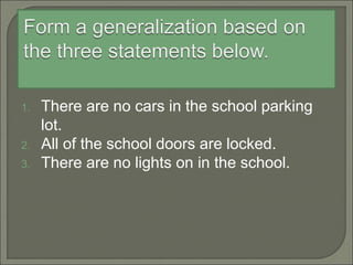 1. There are no cars in the school parking
lot.
2. All of the school doors are locked.
3. There are no lights on in the school.
 