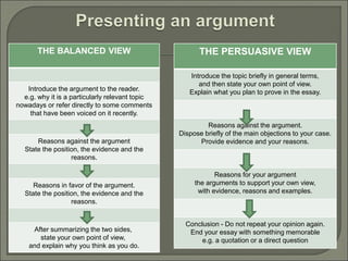THE BALANCED VIEW
Introduce the argument to the reader.
e.g. why it is a particularly relevant topic
nowadays or refer directly to some comments
that have been voiced on it recently.
Reasons against the argument
State the position, the evidence and the
reasons.
Reasons in favor of the argument.
State the position, the evidence and the
reasons.
After summarizing the two sides,
state your own point of view,
and explain why you think as you do.
THE PERSUASIVE VIEW
Introduce the topic briefly in general terms,
and then state your own point of view.
Explain what you plan to prove in the essay.
Reasons against the argument.
Dispose briefly of the main objections to your case.
Provide evidence and your reasons.
Reasons for your argument
the arguments to support your own view,
with evidence, reasons and examples.
Conclusion - Do not repeat your opinion again.
End your essay with something memorable
e.g. a quotation or a direct question
 
