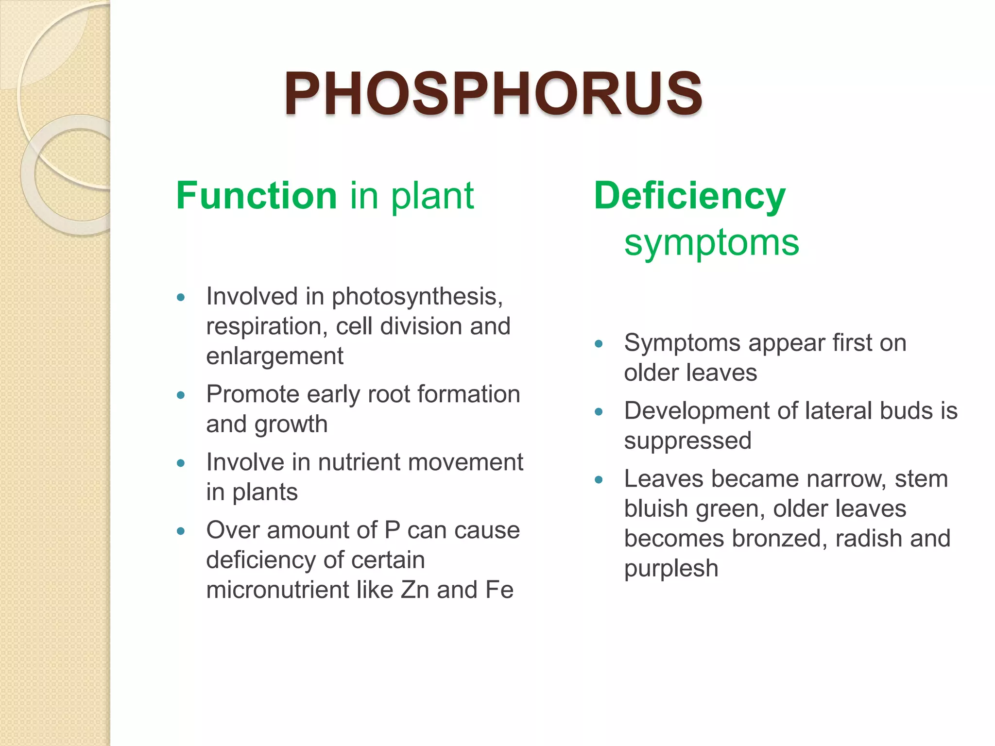 Essential nutrients for plants, their function and deficiency symptoms ...