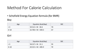 Method For Calorie Calculation
• Schofield Energy Equation formula (for BMR)
Boy
Girl
Age Equation (kcal/day) SEE
< 3 59.5...