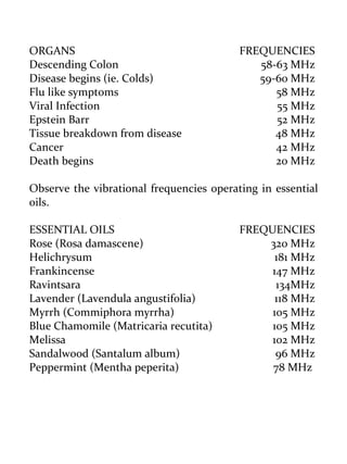 ORGANS FREQUENCIES 
Descending Colon 58-63 MHz 
Disease begins (ie. Colds) 59-60 MHz 
Flu like symptoms 58 MHz 
Viral Infection 55 MHz 
Epstein Barr 52 MHz 
Tissue breakdown from disease 48 MHz 
Cancer 42 MHz 
Death begins 20 MHz 
Observe the vibrational frequencies operating in essential oils. 
ESSENTIAL OILS FREQUENCIES 
Rose (Rosa damascene) 320 MHz 
Helichrysum 181 MHz 
Frankincense 147 MHz 
Ravintsara 134MHz 
Lavender (Lavendula angustifolia) 118 MHz 
Myrrh (Commiphora myrrha) 105 MHz 
Blue Chamomile (Matricaria recutita) 105 MHz 
Melissa 102 MHz 
Sandalwood (Santalum album) 96 MHz 
Peppermint (Mentha peperita) 78 MHz 
 