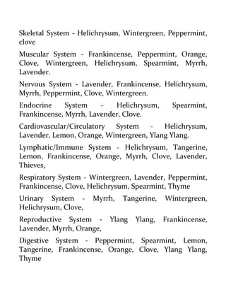 Skeletal System - Helichrysum, Wintergreen, Peppermint, clove 
Muscular System - Frankincense, Peppermint, Orange, Clove, Wintergreen, Helichrysum, Spearmint, Myrrh, Lavender. 
Nervous System - Lavender, Frankincense, Helichrysum, Myrrh, Peppermint, Clove, Wintergreen. 
Endocrine System - Helichrysum, Spearmint, Frankincense, Myrrh, Lavender, Clove. 
Cardiovascular/Circulatory System - Helichrysum, Lavender, Lemon, Orange, Wintergreen, Ylang Ylang. 
Lymphatic/Immune System - Helichrysum, Tangerine, Lemon, Frankincense, Orange, Myrrh, Clove, Lavender, Thieves, 
Respiratory System - Wintergreen, Lavender, Peppermint, Frankincense, Clove, Helichrysum, Spearmint, Thyme 
Urinary System - Myrrh, Tangerine, Wintergreen, Helichrysum, Clove, 
Reproductive System - Ylang Ylang, Frankincense, Lavender, Myrrh, Orange, 
Digestive System - Peppermint, Spearmint, Lemon, Tangerine, Frankincense, Orange, Clove, Ylang Ylang, Thyme  