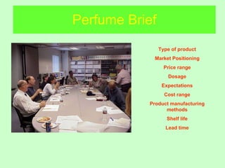 Perfume Brief Type of product Market Positioning Price range Dosage Expectations Cost range Product manufacturing methods Shelf life Lead time 