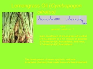 Lemongrass Oil (Cymbopogon
citratus)
citral
geranial : neral = 4 : 1
main constituent of lemongrass oil is citral
(75 %), present as a 4:1 mixture of geranial,
3,7-dimethyl-2(E),6-octadienal, and neral,
3,7-dimethyl-2(Z),6-octadienal
The development of newer synthetic methods
in terpene chemistry has made these oils less important
 