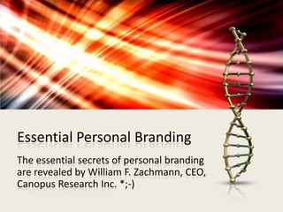 Essential Personal Branding
The essential secrets of personal branding
are revealed by William F. Zachmann, CEO,
Canopus Research Inc. *;-)
 