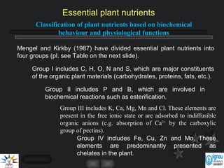 Classification of plant nutrients based on biochemical
behaviour and physiological functions
Group IV includes Fe, Cu, Zn and Mo. These
elements are predominantly presented as
chelates in the plant.
Mengel and Kirkby (1987) have divided essential plant nutrients into
four groups (pl. see Table on the next slide).
Group I includes C, H, O, N and S, which are major constituents
of the organic plant materials (carbohydrates, proteins, fats, etc.).
Group II includes P and B, which are involved in
biochemical reactions such as esterification.
Group III includes K, Ca, Mg, Mn and Cl. These elements are
present in the free ionic state or are adsorbed to indiffusible
organic anions (e.g. absorption of Ca2+
by the carboxylic
group of pectins).
Essential plant nutrients
 