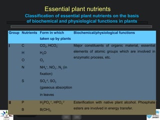 Group Nutrients Form in which
taken up by plants
Biochemical/physiological functions
I C CO2, HCO3
-
Major constituents of organic material, essential
elements of atomic groups which are involved in
enzymatic process, etc.
H H2O
O O2
N NH4
+
, NO3
-
, N2 (in
fixation)
S SO4
-2
, SO2
(gaseous absorption
in leaves
II P H2PO4
-1
, HPO4
-2
Esterification with native plant alcohol. Phosphate
esters are involved in energy transfer.B B(OH)3
Classification of essential plant nutrients on the basis
of biochemical and physiological functions in plants
Essential plant nutrients
 
