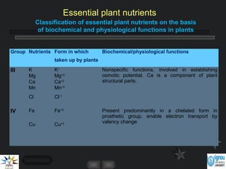Group Nutrients Form in which
taken up by plants
Biochemical/physiological functions
III K K+
Nonspecific functions, involved in establishing
osmotic potential. Ca is a component of plant
structural parts.
Mg Mg+2
Ca Ca+2
Mn Mn+2
Cl Cl-1
IV Fe Fe+2
Present predominantly in a chelated form in
prosthetic group, enable electron transport by
valency change
Cu Cu+2
Classification of essential plant nutrients on the basis
of biochemical and physiological functions in plants
Essential plant nutrients
 